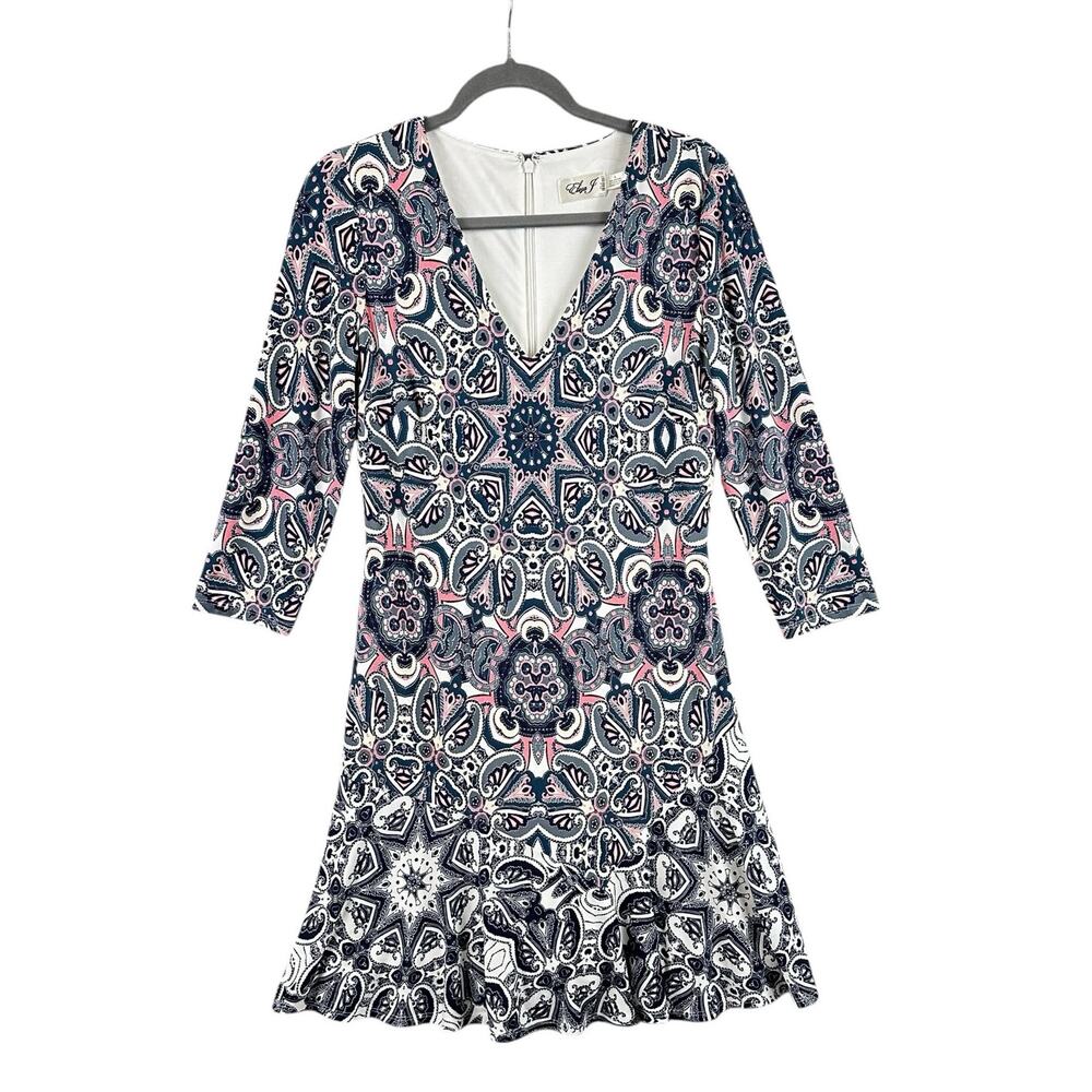Eliza J Dress Size 8 Multicolor Paisley Print Stretch Knit Fit Flare 3/4 Sleeve